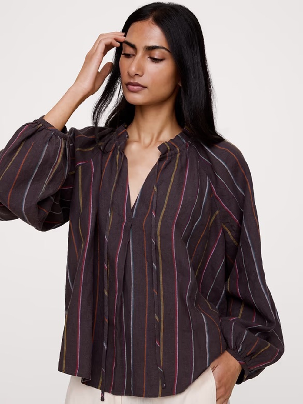 Banana Republic 100% Linen Ruffle Collar Striped Peasant Top